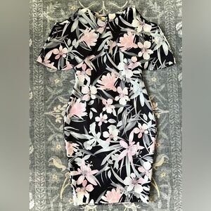 Vesper UK Floral Black and Pink Women's Dress with cape peekaboo sleeves